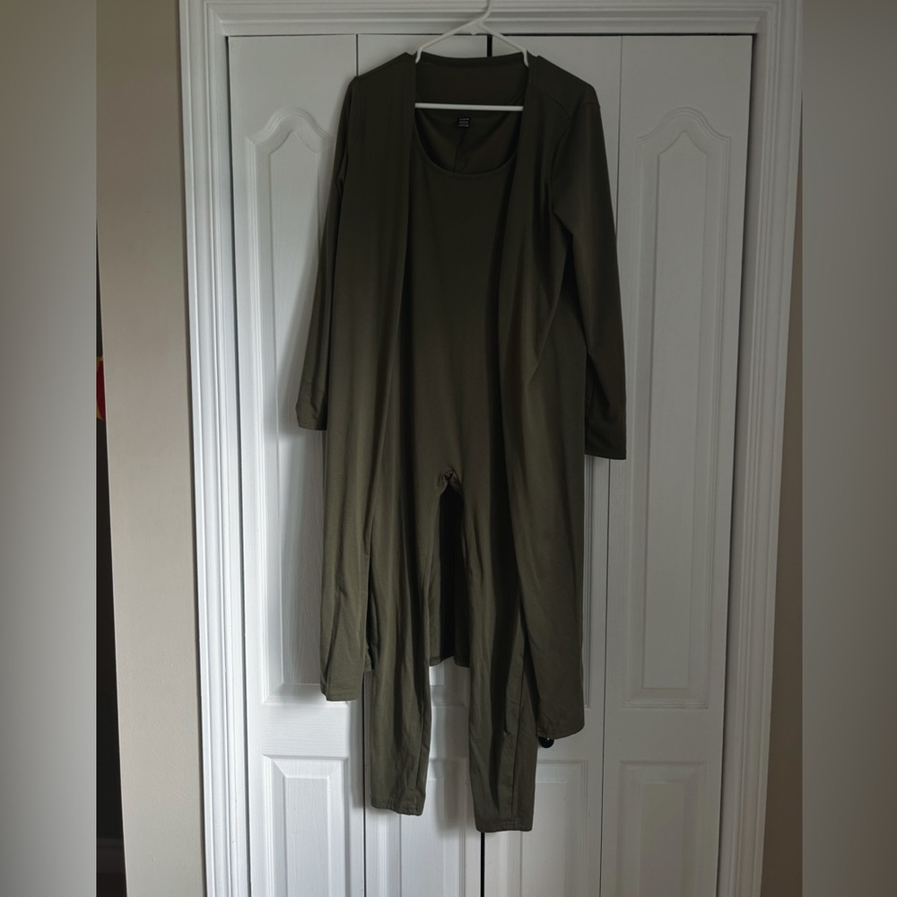 Elegant Olive Green one piece & cardigan set